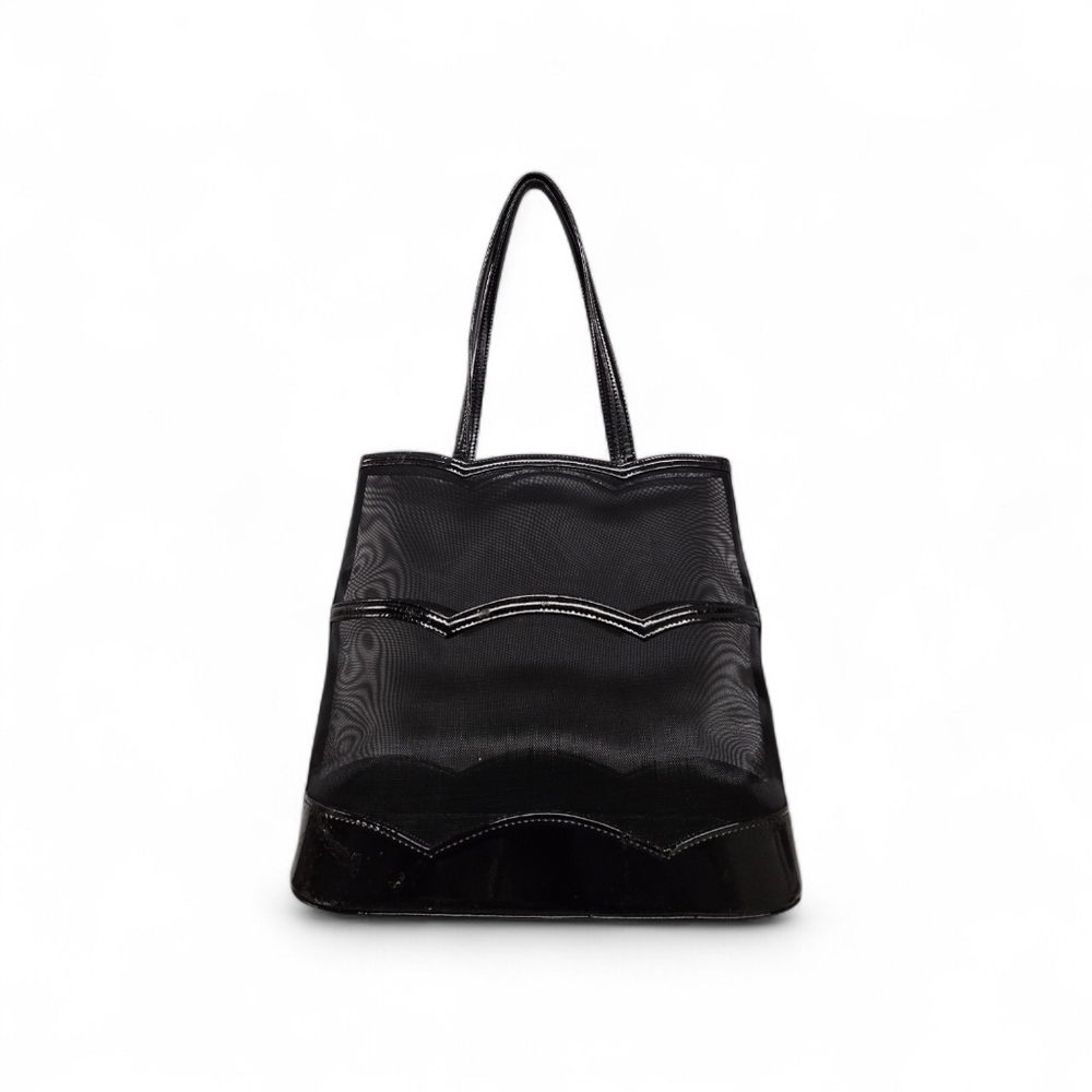 Yves Saint Laurent Black Patent Nylon Scalloped Mesh Tote Bag